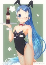 Rule 34 | 1girl, animal ears, artist name, bare arms, bare shoulders, black leotard, blue eyes, blue hair, blush, bottle, breasts, collar, commentary request, detached collar, fake animal ears, fishnet pantyhose, fishnets, green background, holding, holding tray, kantai collection, leotard, long hair, mae (maesanpicture), name tag, one eye closed, pantyhose, playboy bunny, rabbit ears, samidare (kancolle), simple background, small breasts, solo, star (symbol), strapless, strapless leotard, swept bangs, tray, very long hair, wrist cuffs