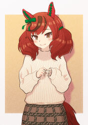 Rule 34 | 1girl, absurdres, alternate costume, animal ears, blush, border, bow, brown background, brown eyes, brown skirt, casual, closed mouth, commentary request, cowboy shot, ear bow, ear covers, green bow, hair ornament, highres, horse ears, horse girl, horse tail, long sleeves, looking at viewer, nenbutsu 0416, nice nature (umamusume), plaid, plaid skirt, red hair, ribbed sweater, ribbon, simple background, skirt, smile, solo, sweater, tail, umamusume, white border