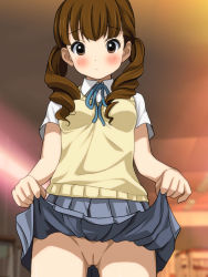 Rule 34 | 1girl, blush, brown eyes, brown hair, cleft of venus, clothes lift, extra, k-on!, no panties, pussy, ribbon, ryunnu, school uniform, skirt, skirt lift, solo, twintails, uncensored, vest, wakaouji ichigo