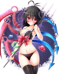 Rule 34 | 1girl, :o, asymmetrical wings, black bra, black hair, black panties, black thighhighs, blush, bow, bra, breasts, collarbone, cowboy shot, frilled bra, frills, hair between eyes, highres, holding, holding weapon, houjuu nue, large breasts, looking at viewer, osashin (osada), panties, polearm, red bow, red eyes, shiny clothes, shiny skin, snake, solo, standing, thighhighs, touhou, trident, ufo, underwear, underwear only, weapon, wings