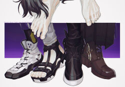 Rule 34 | 1boy, ankle boots, asymmetrical footwear, asymmetrical pants, barefoot, black footwear, black hakama, black pants, boots, brown footwear, cross-laced footwear, english text, hakama, highres, holostars, japanese clothes, kageyama shien, kageyama shien (1st costume), lace-up boots, male focus, momiage 40, multiple views, official alternate costume, out of frame, outside border, pants, purple background, sandals, sharp toenails, standing, tail, toenails, veins, virtual youtuber, white footwear, white pants