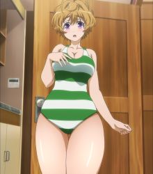 Rule 34 | 10s, 1girl, breasts, brown hair, cleavage, curvy, door, highres, large breasts, nitroplus, one-piece swimsuit, purple eyes, screencap, short hair, solo, soniani, super sonico, swimsuit, thick thighs, thighs, watanuki fuuri