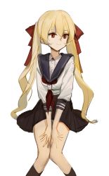 Rule 34 | 1girl, absurdres, bad id, bad twitter id, black skirt, blonde hair, blouse, closed mouth, collared shirt, dokshuri, feet out of frame, hair between eyes, hair ribbon, hands on own thighs, highres, kneehighs, long hair, original, pleated skirt, red eyes, red ribbon, ribbon, school uniform, serafuku, shirt, simple background, sitting, skirt, socks, solo, twintails, white background, white shirt