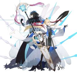 Rule 34 | 1boy, 1girl, ahoge, armor, armored dress, artoria caster (fate), artoria caster (third ascension) (fate), artoria pendragon (fate), black footwear, black gloves, black hair, black ribbon, black robe, blonde hair, blue bow, blue ribbon, bow, bracelet, cape, crown, dress, elbow gloves, fate/grand order, fate (series), fur trim, gloves, gold trim, green eyes, hair bow, holding, holding staff, holding weapon, jewelry, long dress, long hair, long sleeves, multicolored ribbon, ninjin (ne f g o), oberon (fate), oberon (third ascension) (fate), open mouth, red ribbon, diamond (shape), ribbon, robe, short hair, staff, weapon, white background, white cape, white dress, white fur