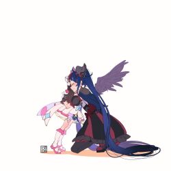 Rule 34 | 2girls, aoi tete, artist logo, black dress, black hair, black wings, blue cape, blue hair, boots, bow, cape, closed eyes, closed mouth, commentary, corruption, cosplay, cure prism, cure prism (cosplay), cure sky, cure sky (dark), dark persona, detached sleeves, dress, dress bow, earclip, feathered wings, frilled dress, frills, from side, gloves, grey gloves, grey thighhighs, hair bow, highres, hirogaru sky! precure, hug, knee boots, kneeling, leaning forward, long hair, multicolored hair, multiple girls, precure, puffy detached sleeves, puffy sleeves, red bow, red dress, red footwear, red hair, shadow, simple background, single wing, sleeveless, sleeveless dress, smile, spiked pauldrons, standing, thighhighs, tiptoes, torn cape, torn clothes, two-tone dress, two-tone hair, very long hair, white background, white bow, white dress, white footwear, wing hair ornament, wings