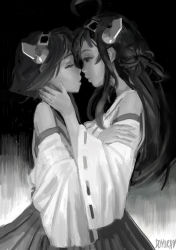Rule 34 | 10s, 2girls, ahoge, detached sleeves, doyora, closed eyes, greyscale, hiei (kancolle), imminent kiss, kantai collection, kongou (kancolle), long hair, monochrome, multiple girls, nontraditional miko, short hair, yuri