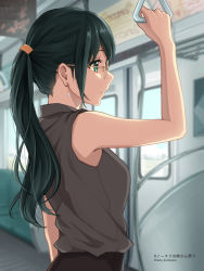 Rule 34 | 1girl, arm at side, arm up, breasts, closed mouth, earrings, expressionless, glasses, green eyes, green hair, grey shirt, hair tie, hand grip, highres, holding hand grip, jewelry, long hair, medium breasts, mole, mole under eye, original, ponytail, profile, setu kurokawa, shirt, sleeveless, sleeveless shirt, solo, standing, train, train interior, twitter username, upper body