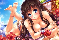 Rule 34 | 1girl, anklet, arm support, bad anatomy, bad id, bad pixiv id, ball, barefoot, beach, beachball, bikini, blue eyes, blush, bottle, breasts, brown hair, cleavage, day, dutch angle, feet, flower, hibiscus, jewelry, looking at viewer, lotion, lying, medium breasts, on stomach, original, plaid, shiny skin, soles, solo, sunscreen, swimsuit, toes, yasuno (airy light)