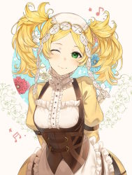 Rule 34 | 1girl, arms behind back, belt, blonde hair, blush, breasts, brown belt, brown vest, commentary, commission, cowboy shot, dress, english commentary, fire emblem, fire emblem awakening, flower, forehead, framed breasts, frilled dress, frills, green eyes, haru (nakajou-28), head tilt, highres, leaning forward, leather vest, lissa (fire emblem), long sleeves, looking at viewer, medium breasts, medium hair, musical note, nintendo, one eye closed, parted bangs, puffy long sleeves, puffy sleeves, shadow, sidelocks, smile, solo, tan background, twintails, vest