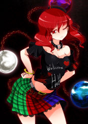 Rule 34 | 1girl, absurdres, belt, black background, bracelet, chain, clothes writing, collar, earth (planet), hecatia lapislazuli, highres, jewelry, looking at viewer, midriff, miniskirt, moon, multicolored clothes, multicolored skirt, navel, off shoulder, one eye closed, plaid, plaid skirt, planet, raptor7, red eyes, red hair, shirt, short hair, short sleeves, simple background, skirt, smile, solo, t-shirt, touhou