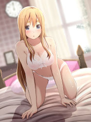 Rule 34 | 1girl, all fours, analog clock, bed, bedroom, blonde hair, blue eyes, blurry, blush, bow, bow bra, bow panties, bra, breasts, clock, covered erect nipples, depth of field, dutch angle, eyebrows, female focus, full body, highres, indoors, k-on!, kotobuki tsumugi, lace, lace-trimmed bra, lace-trimmed panties, lace trim, large breasts, light particles, lingerie, long hair, looking at viewer, md5 mismatch, navel, nipples, on bed, panties, parted lips, pillow, resolution mismatch, see-through, solo, sunlight, tateshina, thick eyebrows, underwear, underwear only, window