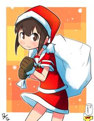 Rule 34 | 10s, 1boy, 1girl, alternate costume, brown eyes, brown gloves, brown hair, fubuki (kancolle), gloves, hat, kantai collection, long hair, looking at viewer, male focus, rariatto (ganguri), santa costume, santa hat, smile, solo, t-head admiral, translation request