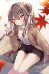 Rule 34 | 1girl, 7aka ne11, absurdres, alternate costume, autumn leaves, black shorts, boo tao (genshin impact), brown coat, brown hair, casual, coat, commentary request, feet out of frame, genshin impact, grin, highres, holding, holding leaf, hu tao (genshin impact), leaf, long hair, long sleeves, looking at viewer, open clothes, open coat, red nails, shirt, shorts, sitting, smile, solo, twintails, very long hair, white shirt