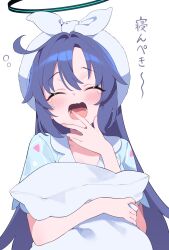 1girl absurdres blue_archive blue_shirt blush closed_eyes commentary hairband halo highres holding holding_pillow hugging_object long_hair official_alternate_costume official_alternate_hairstyle open_mouth pajamas pillow pillow_hug purple_hair shirt short_sleeves simple_background solo sutora_binsuke translation_request white_background white_hairband yawning yuuka_(blue_archive) yuuka_(pajamas)_(blue_archive)