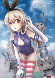Rule 34 | 10s, 1girl, baifeng, bare shoulders, blonde hair, breasts, brown eyes, cleavage cutout, clothing cutout, colored eyelashes, elbow gloves, front zipper swimsuit, gloves, hair ribbon, kantai collection, leaning, long hair, looking at viewer, meme attire, one-piece swimsuit, rensouhou-chan, ribbon, shimakaze (kancolle), solo, striped clothes, striped thighhighs, swimsuit, thighhighs