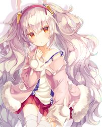 Rule 34 | 1girl, :o, animal ears, azur lane, bare shoulders, blush, camisole, collarbone, commentary request, fur-trimmed jacket, fur trim, hair between eyes, hair ornament, hairband, hand up, head tilt, jacket, laffey (azur lane), long hair, long sleeves, looking at viewer, open clothes, open jacket, orange eyes, parted lips, pink jacket, pleated skirt, rabbit ears, red hairband, red skirt, shintou, silver hair, simple background, skirt, sleeves past wrists, solo, strap slip, thighhighs, twintails, very long hair, white background, white camisole, white thighhighs