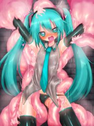 Rule 34 | 1girl, ahegao, blue hair, blush, elbow gloves, female focus, fucked silly, gloves, hatsune miku, heart, heart-shaped pupils, kyuusui gakari, monster, necktie, open mouth, panties, symbol-shaped pupils, tentacles, thighhighs, twintails, underwear, vaginal, vocaloid, wet