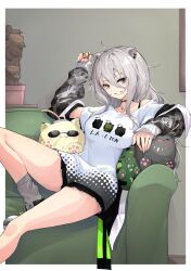 Rule 34 | 1girl, animal ears, choker, couch, grey eyes, grey hair, grin, highres, hololive, lion ears, long sleeves, looking at viewer, nail polish, on couch, shirt, shishiro botan, sitting, smile, socks, solo, sunglasses, t-shirt, virtual youtuber, zooanime