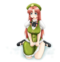 Rule 34 | blue eyes, chinese clothes, clenched hands, crying, dress, green dress, hat, hong meiling, on ground, red hair, sad, simple background, sitting, star (symbol), tears, touhou, yamato damashi