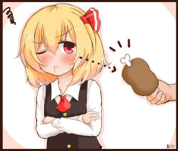 Rule 34 | 1girl, black border, blonde hair, border, bow, commentary request, crossed arms, drooling, hair bow, koji (kohei66), long sleeves, one eye closed, red bow, red eyes, rumia, short hair, squiggle, sweat, touhou