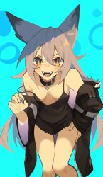 Rule 34 | 1girl, absurdres, animal ears, bare shoulders, black choker, black dress, black jacket, blue background, breasts, choker, cleavage, cowboy shot, dress, fangs, fenrir (ghost (tama)), ghost (tama), grey hair, hand on own hip, highres, jacket, long hair, open mouth, original, paw pose, simple background, small breasts, solo, wolf ears, wolf girl, yellow eyes