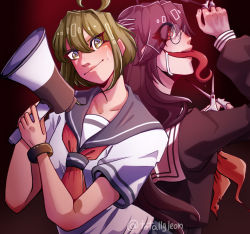 Rule 34 | 2girls, ahoge, artist name, black background, closed mouth, collarbone, danganronpa (series), danganronpa another episode: ultra despair girls, drooling, ears, fukawa toko, genocider shou, gradient background, green eyes, green hair, highres, holding, holding megaphone, holding scissors, holding weapon, long tongue, looking at another, looking at viewer, looking back, megaphone, multiple girls, naegi komaru, open mouth, purple hair, red eyes, red neckwear, red scarf, scarf, school uniform, scissors, serafuku, shirt, short sleeves, signature, simple background, sweatdrop, tongue, tongue out, upper body, weapon, white serafuku, white shirt