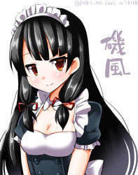 Rule 34 | 10s, 1girl, alternate costume, black hair, blush, breasts, character name, cleavage, female focus, hair ribbon, isokaze (kancolle), kantai collection, long hair, looking at viewer, maid headdress, orange eyes, ribbon, simple background, smile, solo, text focus, twitter username, upper body, white background, yuuki hb