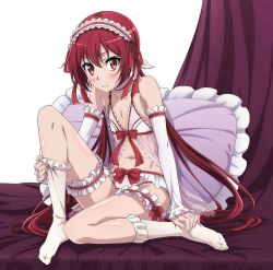 Rule 34 | 10s, 1girl, blush, flat chest, frilled panties, frilled pillow, frills, full body, highres, joukamachi no dandelion, lingerie, long hair, low twintails, panties, pillow, pink panties, red eyes, red hair, sakurada akane, solo, twintails, underwear