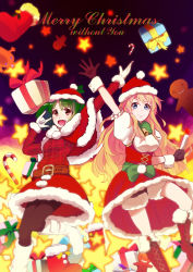 Rule 34 | 2girls, :d, \m/, blonde hair, blue eyes, boots, candle, candy, candy cane, christmas, christmas stocking, fang, food, gift, gingerbread man, gloves, green hair, hat, holding, holding candle, kazufumi (kaz-newt), macross, macross frontier, multiple girls, open mouth, outstretched arm, pantyhose, ranka lee, red eyes, santa costume, santa hat, sheryl nome, short hair, smile, star (symbol)