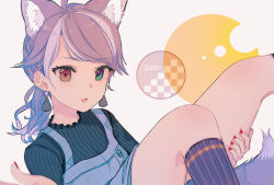Rule 34 | 10s, 1girl, alternate costume, alternate hairstyle, ancolatte (onikuanco), animal ears, blue eyes, commentary, earrings, english commentary, extra ears, grey hair, grey wolf (kemono friends), heterochromia, highres, jewelry, kemono friends, kneehighs, leg up, long hair, looking at viewer, multicolored hair, nail polish, parted lips, ponytail, red nails, simple background, socks, solo, streaked hair, tail, white hair, wolf ears, wolf tail, yellow eyes