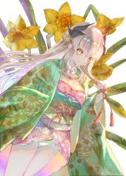 Rule 34 | 1girl, absurdres, adapted costume, bad id, bad pixiv id, black horns, blush, breasts, cleavage, commentary request, dragon horns, dutch angle, fate/grand order, fate (series), floral print, flower, folding fan, graphite (medium), green robe, hand fan, highres, holding, holding fan, horns, japanese clothes, kimono, kiyohime (fate), long hair, looking at viewer, mechanical pencil, medium breasts, natsujiru, panties, pencil, pink hair, robe, short kimono, smile, solo, traditional media, underwear, white background, white panties, yellow eyes