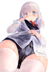 Rule 34 | 1girl, bad id, bad twitter id, blue eyes, blush, breasts, closed mouth, from behind, highres, kekemotsu, long sleeves, looking at viewer, medium breasts, medium hair, original, panties, red neckwear, see-through, shirt, short hair, silver hair, simple background, solo, swimsuit, swimsuit under clothes, thighhighs, underwear, wet, wet clothes, wet panties, white background, white shirt, white thighhighs