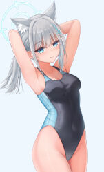 Rule 34 | 1girl, animal ear fluff, animal ears, armpits, arms behind head, arms up, bare arms, bare shoulders, black one-piece swimsuit, blue archive, blue background, blue eyes, breasts, cleavage, closed mouth, collarbone, commentary request, covered navel, earrings, extra ears, grey hair, groin, halo, highleg, highleg swimsuit, highres, jewelry, long hair, looking at viewer, medium breasts, nezumi (09261377), official alternate costume, one-piece swimsuit, ponytail, presenting armpit, shiroko (blue archive), shiroko (swimsuit) (blue archive), simple background, smile, solo, stud earrings, swimsuit, wolf ears