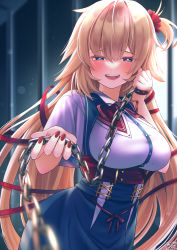 Rule 34 | 1girl, :d, akai haato, akai haato (1st costume), blonde hair, blue eyes, blue skirt, blush, breasts, chain, chain leash, commentary request, cowboy shot, fingernails, hair between eyes, hair ribbon, half-closed eyes, heart, heart-shaped pupils, high-waist skirt, highres, holding, holding chain, hololive, large breasts, leash, long hair, looking at viewer, magowasabi, nail polish, neck ribbon, one side up, open mouth, pov, red nails, red ribbon, ribbon, shirt, short hair, signature, skirt, smile, solo, symbol-shaped pupils, teeth, twintails, upper teeth only, very long hair, viewer on leash, virtual youtuber, white shirt, yandere