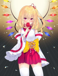 Rule 34 | 1girl, alternate costume, backlighting, bare shoulders, blonde hair, blush, bow, breasts, candy apple, commentary request, contrapposto, cowboy shot, crystal, dark background, detached sleeves, eating, flandre scarlet, food, frills, gradient background, hair between eyes, hair ribbon, japanese clothes, looking at viewer, medium hair, miko, no headwear, one side up, red eyes, red ribbon, red skirt, ribbon, robe, rope, shimenawa, simple background, skirt, small breasts, solo, standing, sunburst, thighhighs, tosakaoil, touhou, white robe, white thighhighs, wide sleeves, wings, yellow bow, zettai ryouiki