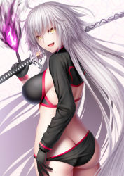 Rule 34 | 1girl, ahoge, ass, bikini, black bikini, black gloves, black jacket, blush, breasts, cropped jacket, fate/grand order, fate (series), fire, gloves, highres, index finger raised, jacket, jeanne d&#039;arc alter (swimsuit berserker) (fate), jeanne d&#039;arc (fate), jeanne d&#039;arc alter (fate), jeanne d&#039;arc alter (swimsuit berserker) (fate), katana, large breasts, long hair, long sleeves, looking at viewer, looking back, masatoki, open mouth, purple fire, shrug (clothing), silver hair, simple background, smile, solo, swimsuit, sword, very long hair, weapon, white background, yellow eyes