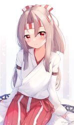 Rule 34 | 1girl, absurdres, blush, brown hair, closed mouth, commentary, fuuna, hachimaki, hakama, hakama shorts, headband, high ponytail, highres, japanese clothes, kantai collection, kimono, long hair, long sleeves, looking at viewer, red eyes, red headwear, shorts, sidelocks, simple background, sitting, solo, striped clothes, striped headwear, white background, white headwear, white kimono, wide sleeves, zuihou (kancolle)