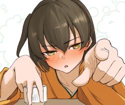 Rule 34 | 1girl, blush, brown eyes, brown hair, choko (cup), commentary request, cup, drunk, foreshortening, highres, hiryuu (kancolle), japanese clothes, kantai collection, kimono, looking at viewer, one-hour drawing challenge, one side up, short hair, solo, umibudou, white background, yellow kimono