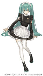 Rule 34 | 1girl, apron, arms at sides, artist name, black footwear, copyright notice, detached sleeves, dress, fingernails, frilled apron, frilled dress, frilled hairband, frills, green eyes, green hair, green nails, hair between eyes, hairband, hatsune miku, highres, long hair, long sleeves, looking at viewer, maid, maid headdress, nail polish, official art, open mouth, piapro, sakauchi waka, simple background, smile, solo, teeth, thighhighs, twintails, very long hair, vocaloid, waist apron, white apron, white background, white hairband, white thighhighs, wide sleeves, zipper footwear, zipper pull tab