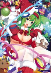 Rule 34 | 1girl, absurdres, bell, bikini, blush, boots, box, breasts, candy, candy cane, capelet, christmas, female focus, food, fur trim, gloves, green eyes, green hair, hairband, hat, highres, holding, jingle bell, knee boots, large breasts, long hair, matching hair/eyes, musical note, navel, open mouth, ouma tokiichi, quaver, red bikini, red gloves, reindeer, sack, santa hat, scan, smile, snow, snowflakes, solo, swimsuit, thighhighs, treble clef, white thighhighs