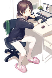 Rule 34 | 1girl, absurdres, arm support, brown eyes, brown hair, chair, chinese commentary, computer, desk, drawing tablet, highres, hood, hoodie, laptop, mouse (computer), no pants, office chair, original, pantyhose, recursion, sitting, slippers, solo, swivel chair, white pantyhose, zhongye yu