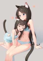 Rule 34 | 2girls, ^ ^, aina (mao lian), all fours, animal ear fluff, animal ears, barefoot, black hair, blue bra, blue camisole, blue eyes, blue panties, bra, breasts, camisole, cat ears, cat girl, cat tail, child, closed eyes, cuddling, fang, flat chest, grey background, hand on another&#039;s back, hands on another&#039;s thighs, heart, highres, long hair, mao lian (nekokao), medium breasts, mother and daughter, multiple girls, navel, open mouth, original, panties, simple background, sitting, smile, tail, thighs, underwear, underwear only