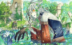Rule 34 | 1boy, 1girl, blonde hair, commentary request, detached sleeves, fantasy, headband, horns, lily pad, orange eyes, outdoors, partially submerged, pixiv fantasia, pixiv fantasia last saga, reeds, ruins, sitting, sky-art, sleeveless, treant, tree, water