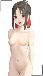 Rule 34 | 1girl, :d, absurdres, arms behind back, bad id, bad pixiv id, black hair, blush, breasts, brown hair, collarbone, commentary request, completely nude, cowboy shot, doenji (auto7233), groin, hair ribbon, highres, kaguya-sama wa kokurasetai ~tensai-tachi no renai zunousen~, looking at viewer, navel, no nipples, no pussy, nude, open mouth, parted bangs, red eyes, red ribbon, revision, ribbon, shinomiya kaguya, short hair, sidelocks, simple background, small breasts, smile, solo, standing, teeth, upper teeth only, white background
