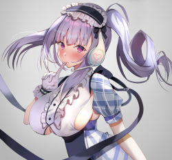 Rule 34 | 1girl, aa44, azur lane, breasts, clothing cutout, commentary, dido (azur lane), dido (muse) (azur lane), earphones, finger to mouth, framed breasts, gloves, grey background, highres, large breasts, light purple hair, long hair, looking at viewer, looking to the side, purple eyes, short sleeves, side ponytail, sideboob, simple background, solo, underboob, underboob cutout, white gloves