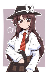 Rule 34 | ..., 1girl, black hat, book, bow, brown eyes, brown hair, brown skirt, closed mouth, collared shirt, commentary request, cowboy shot, fedora, hat, hat bow, holding, holding book, juliet sleeves, long hair, long sleeves, necktie, plaid, plaid skirt, puffy sleeves, red necktie, shio (futatsumami), shirt, skirt, solo, spoken ellipsis, sweatdrop, tie clip, touhou, usami renko, very long hair, white shirt