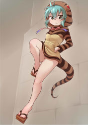 Rule 34 | 10s, 1girl, :&lt;, animal print, aqua hair, bare legs, bottomless, bow, falling, feet, full body, grey eyes, half-closed eyes, hands in pockets, highres, hood, hoodie, kemono friends, legs, long sleeves, no panties, no pussy, ogry ching, pink bow, slippers, snake tail, solo, tail, tsuchinoko (kemono friends)