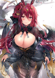 Rule 34 | 1girl, absurdres, angel wings, artist name, black dress, black wings, blush, breasts, bridal gauntlets, cleavage, commission, daefny, dress, english text, flower, hair flower, hair ornament, highres, large breasts, lips, long hair, long sleeves, looking at viewer, nail polish, red eyes, red hair, signature, smile, solo, wide sleeves, wings