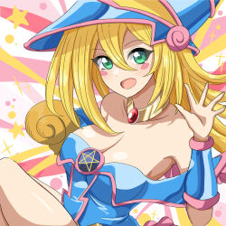 Rule 34 | 1girl, bare shoulders, blonde hair, blue hat, blush stickers, breasts, choker, cleavage, daiichi (1279220), dark magician girl, duel monster, green eyes, hair between eyes, hat, highres, large breasts, long hair, looking at viewer, open mouth, pentacle, smile, solo, staff, star (symbol), wizard hat, yu-gi-oh!