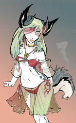 Rule 34 | 1girl, animal ears, bad anatomy, eyepatch, green hair, horns, jewelry, necklace, ribbon, solo, tail